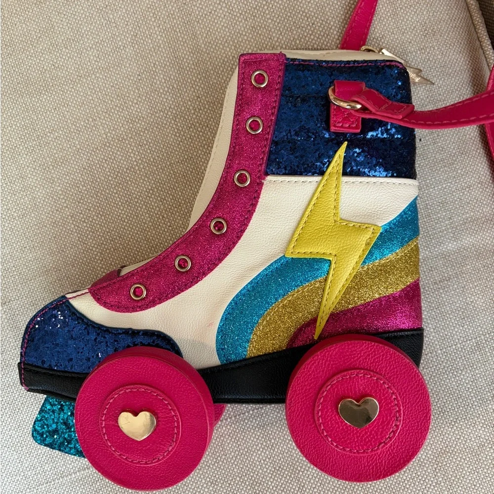 Betsey Johnson Roller Shoe Crossbody Bag - Pink, Blue & Yellow Sparkle - Picture 4 of 7